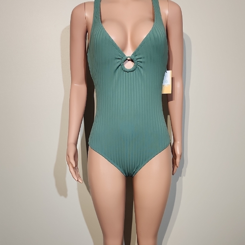 Kona Sol Green Ribbed One-Piece Swimsuit with Racerback